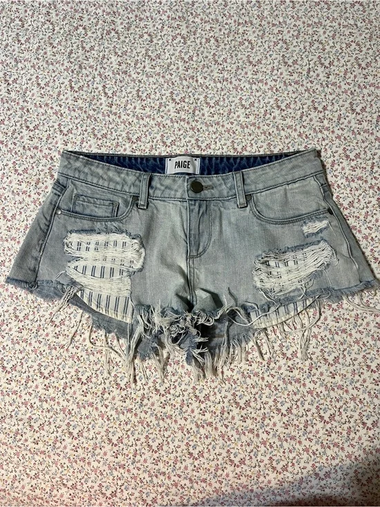 PAIGE Light Wash Distressed Denim Shorts. Size 27