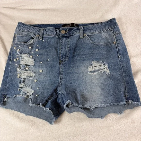 Ci‎ Song Denim Shorts Distressed Pearl embellished 13/31 Y2K style Festival Raw