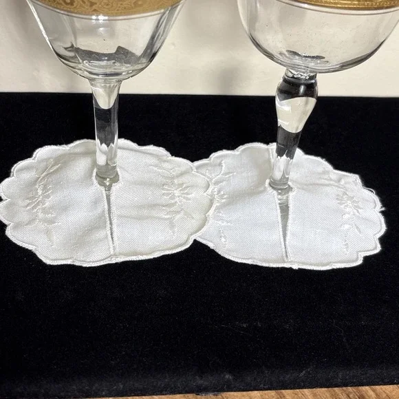 Vintage 2  Wine Glass Slippers Embroidered Fabric White
