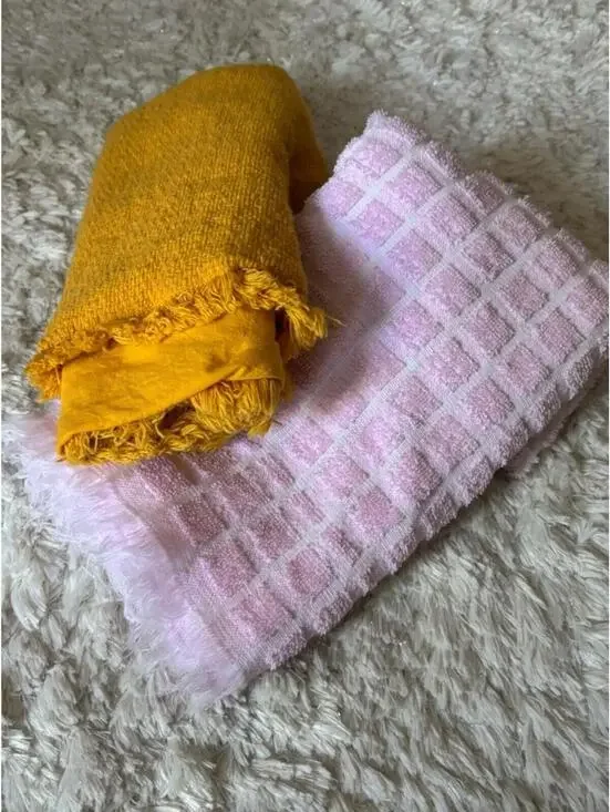 Vtg Pink Checkered and Mustard Double Sided Textured Dish Rags Kitchen Towels