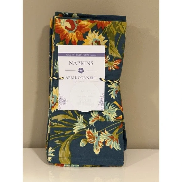 APRIL CORNELL - WILDFLOWERS COTTON NAPKINS - SET OF 12 - TEAL ORANGE GOLD - NEW