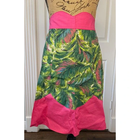 Vintage‎ Handmade Tropical Feather Print Half Apron Pink Green Retro Sweetheart