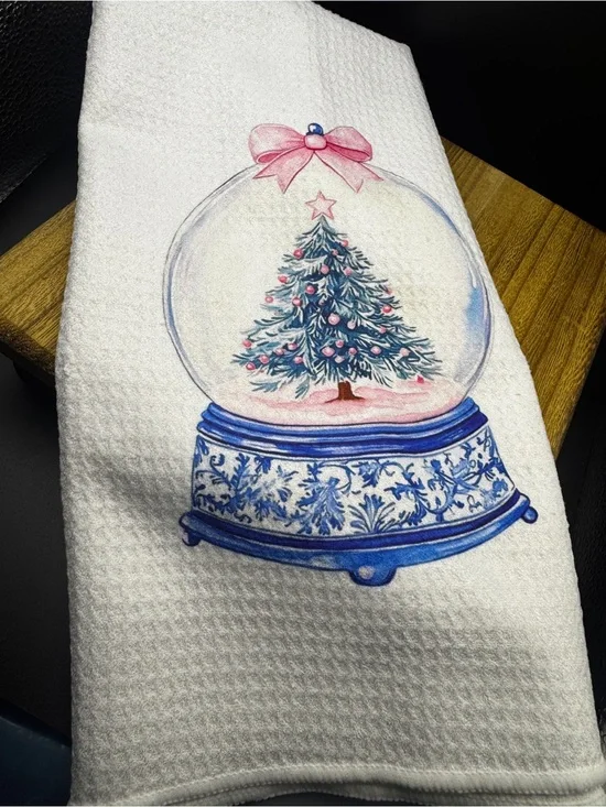 Holiday Snow Globe Kitchen Towel - White with Blue & Pink Design