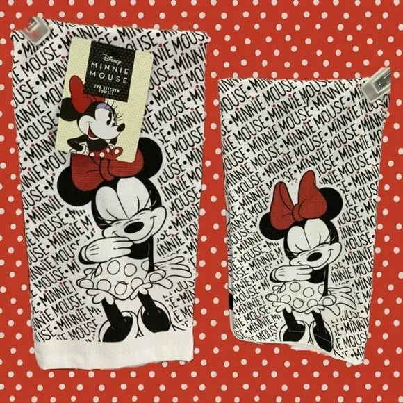 Disney Logo Black/White Minnie Mouse Graphic 100% Cotton Kitchen Towels- 2 Pk