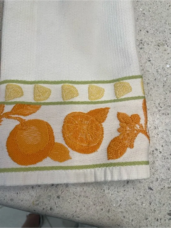 Vintage White Kitchen Towels with Embroidered Orange Citrus Border