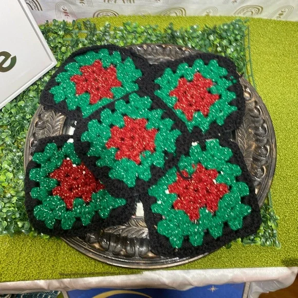 Handcrafted Red and Green Crochet Coaster Set granny squares