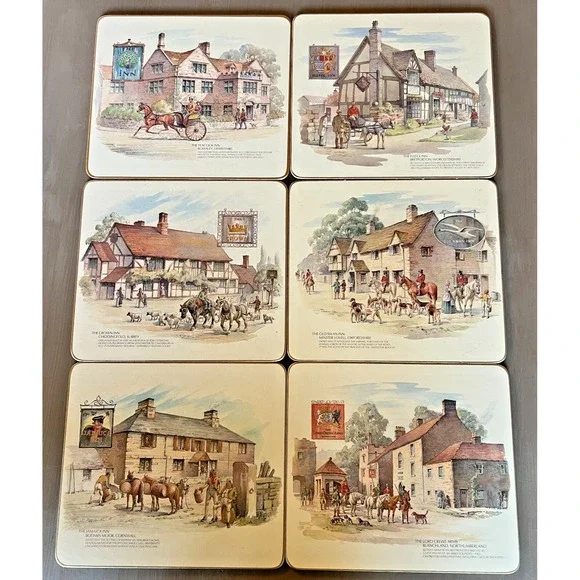 Vintage Cloverleaf Table Mats Set Olde Inns of England Cork Backed Placemats Set