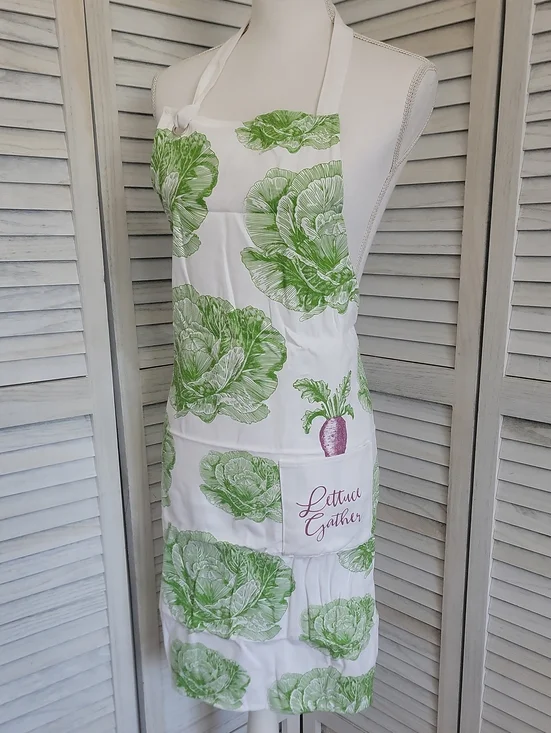 White Garden Inspired Kitchen Apron with Green Lettuce Print - 