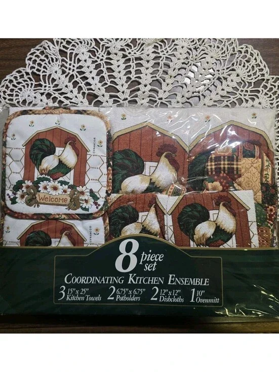 NOS Vintage Kitchen Ensemble 8 Piece By Franco Rooster WELCOME cottage Core