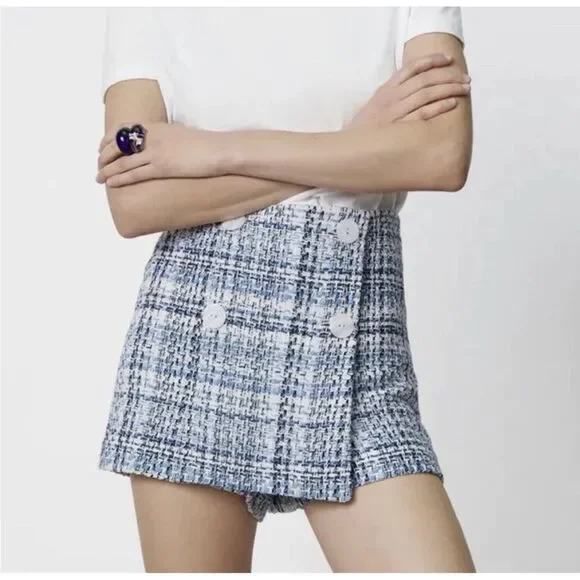 ZARA Textured Tweed Shorts Skort High Waist Blue White Buttons