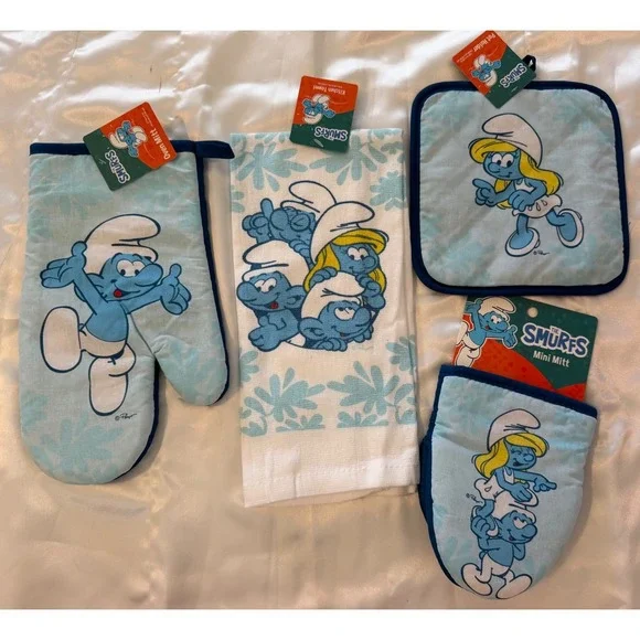 The Smurfs 4pc Kitchen Set Oven Mitt Mini Mitt Pot Holder Towel Blue New NWT