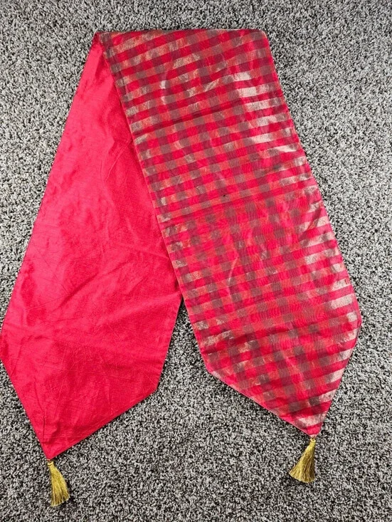 Vintage Red and Gold Holiday Table Runner Tassel End Christmas Plaid
