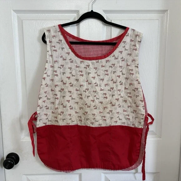 Vtg Handmade Full Apron Ducks Reversible Pockets CottageCore Granny Trad-Wife