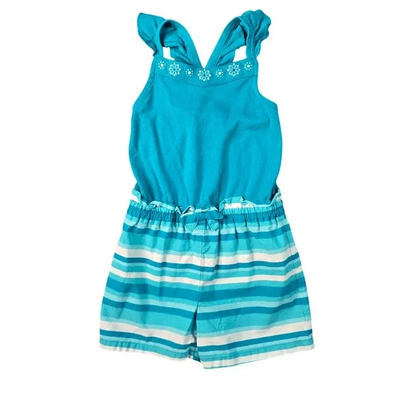 Gymboree‎ Romper Girls 6 Blue Striped Floral Ruffle Summer Coastal Beach