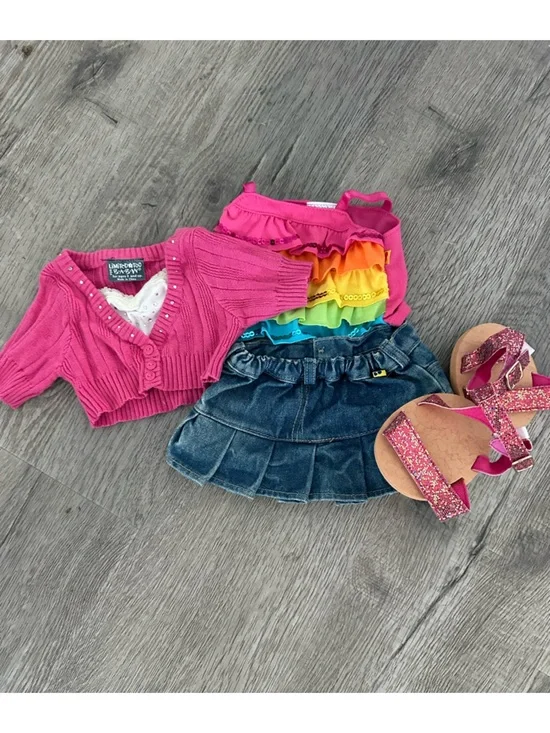 Build-a-Bear Workshop. Gymboree Pink Cardigan, Rainbow Ruffle Tee, Denim Skirt