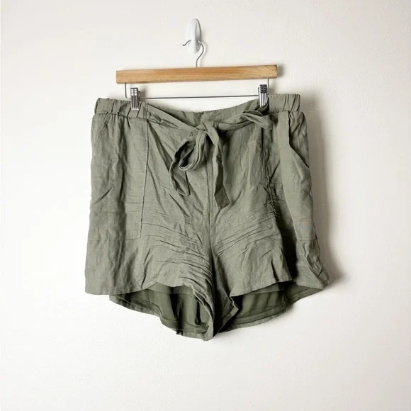 GILI • Women’s Olive Green Linen Blend Waisted Tie Casual Shorts Size 3X