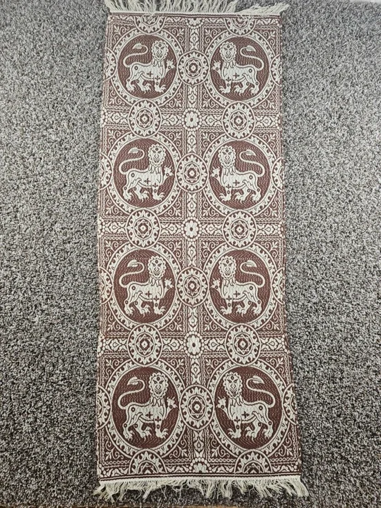 Vintage 1950s Woven Karabagh lion Table Runner Brown Cream Boho Indian 17x40