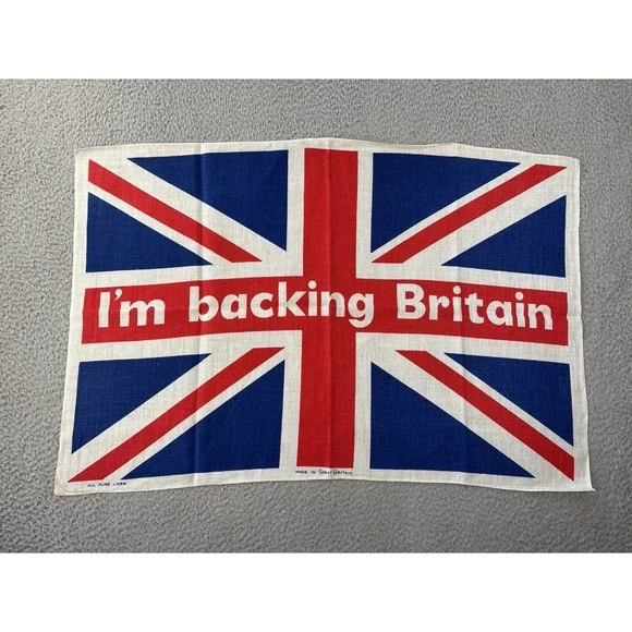 Vintage I'm Backing Britain Tea Towel MCM Kitsch Wall Hanging Union Jack 1960s