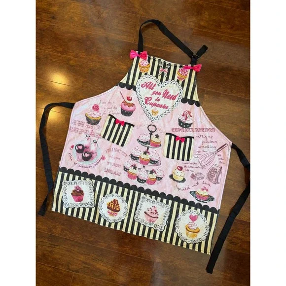 Kitchen Chic All You Need Is Cupcake Pink Black Stripe Bow Bib Apron Pockets