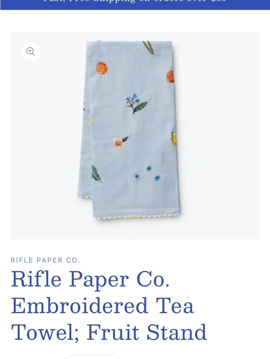 Rifle Paper Co. Light Blue Fruit & Floral Embroidered Tea Towel New In Package