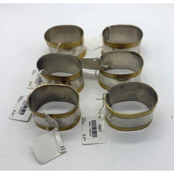 NWT Pier 1 Set of 6 Napkin Rings‎ Silver Tone with Gold Brass Bands Oval Metal