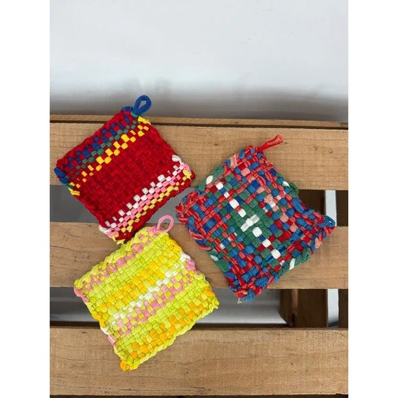 Vintage Handmade Woven Loom Cotton Potholder Set of 3 Cottagecore Boho‎ Kitchen