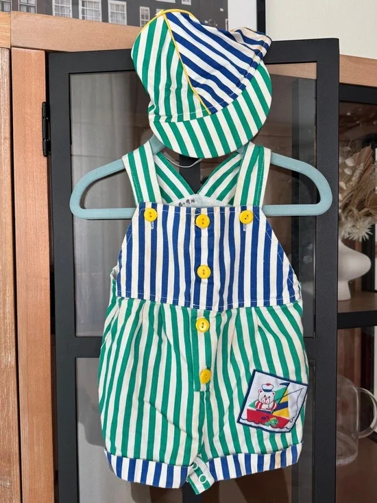 Vintage teddy bear set striped overalls romper hat sailor sailboat fishing