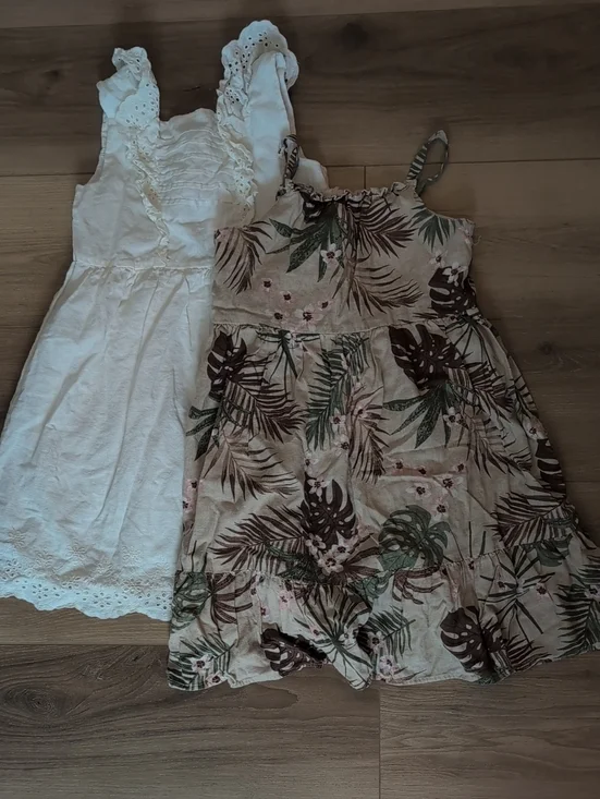 Gymboree White Eyelet Dress & Tropical Leaf Print Linen Sundress Bundle
