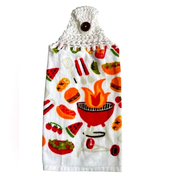 HAND CRAFTED Crocheted Top Colorful Summer BBQ Theme Hanging Kitchen Hand Towel