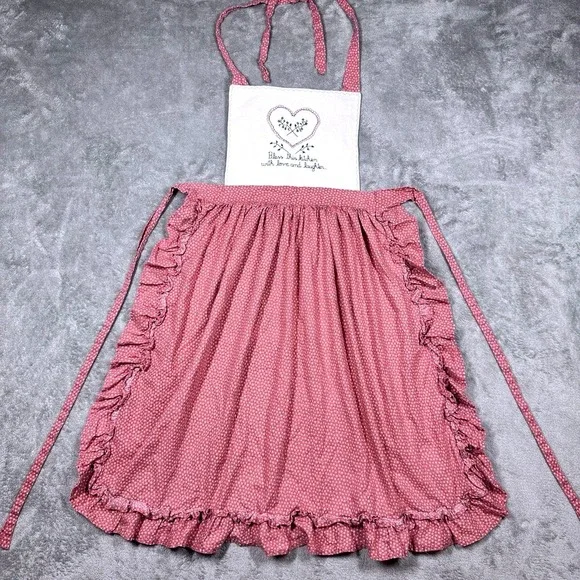Vintage Pink Ruffle Apron Bless This‎ Kitchen Love Laughter Embroidered