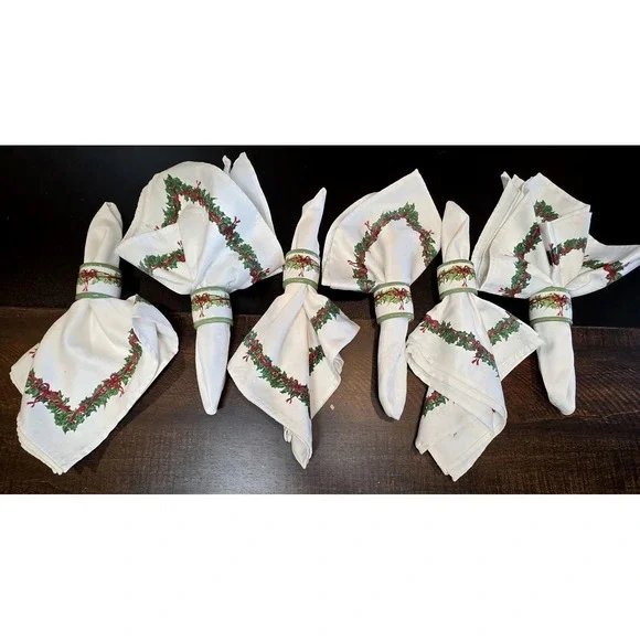 Christopher Radko Christmas Holiday Celebration Bow Holly Napkins Rings Set of 6