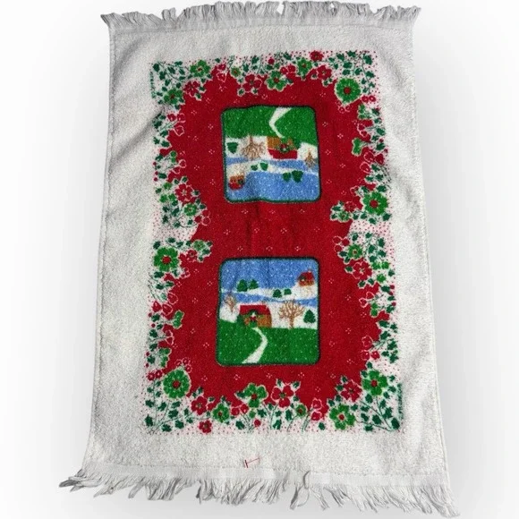 Vtg Cannon‎ Kitchen Hand Towel Christmas Cabin Snow Blue  Holiday Vintage Fringe