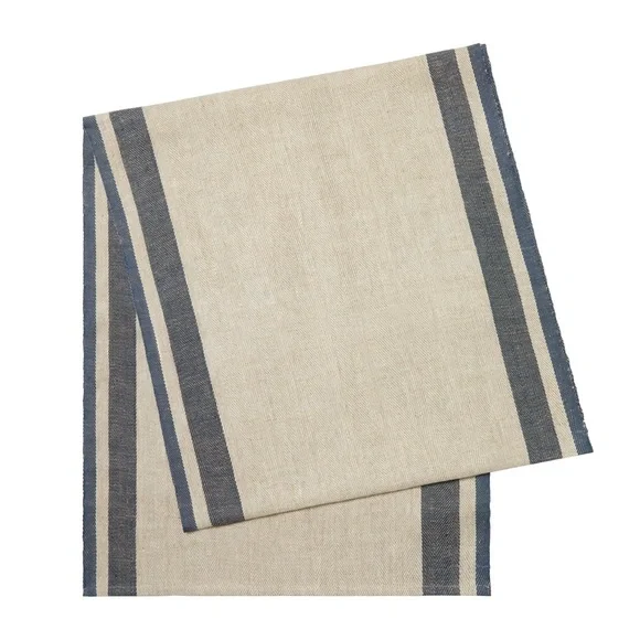 CARAVAN Gordes Natural & Blue Cotton Linen Table Runner Size 20x90  NEW