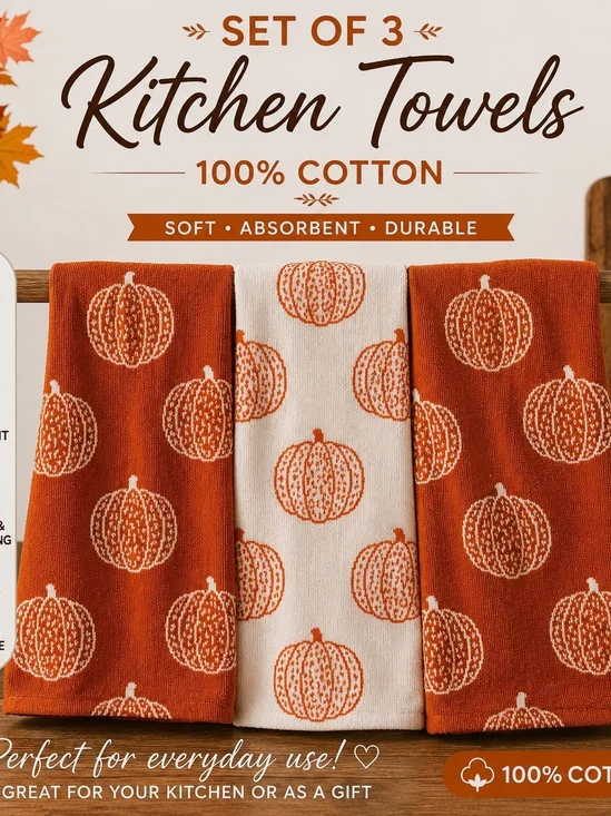 Set of 3 Cotton Pumpkin Kitchen Towels - Orange & Cream