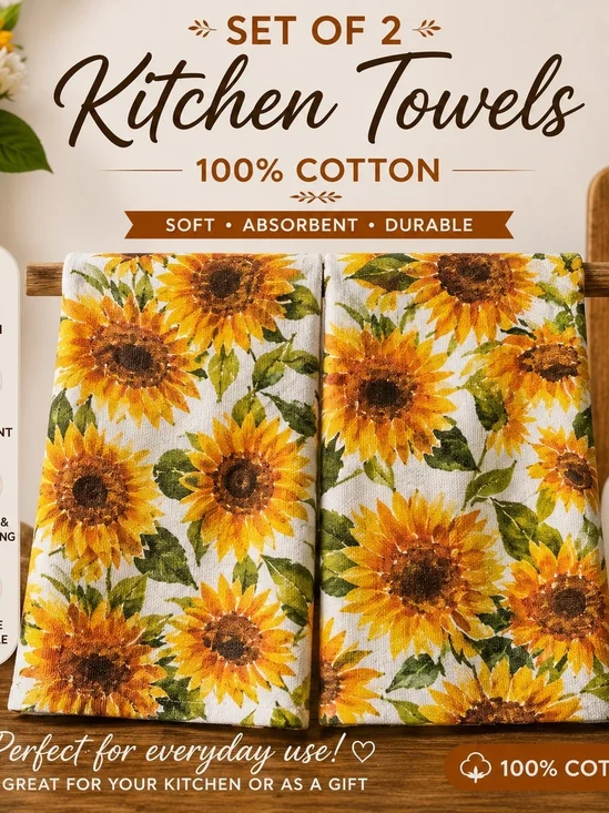 Sunflower Print Cotton Kitchen Towels Set of 2 - Gold/Green
