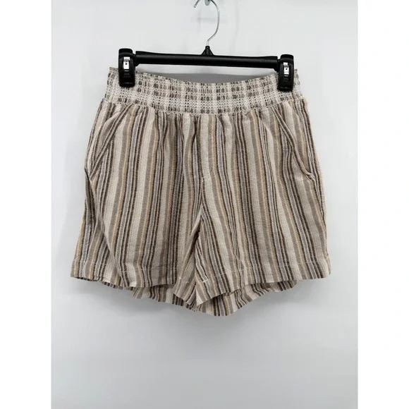 Briggs Linen Shorts Brown Cream Striped Women S Ruched Waist Beach Resort Casual