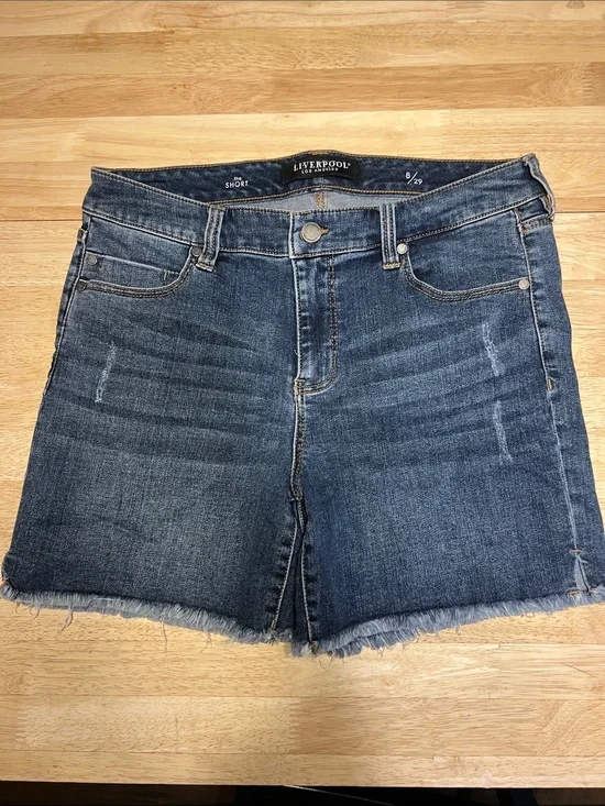 Liverpool Mid Blue Frayed Hem Denim Shorts