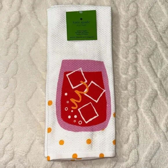 kate spade Cocktail Glass Ice Bubbles Orange Peel White Cotton Kitchen Towels