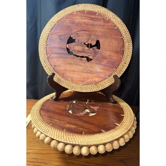 Handmade Wooden Placemat carved fish/flowers/bird handmade in Indonesia