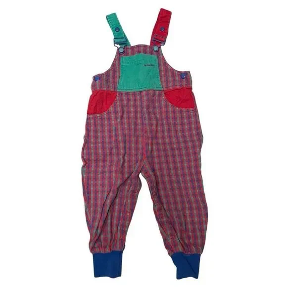 Vintage Gymboree Color Block‎ Overalls Size S Plaid Cotton Rainbow Tag