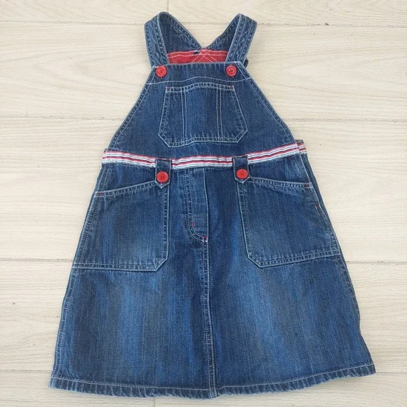 Vintage Gymboree Girls Denim Overall Dress Size‎ 6 Red Trim Whale Print Lining