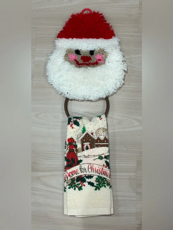 Handmade Hooked Hand Towel Holder Santa Christmas Cottage Core