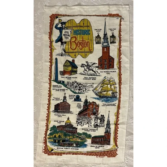 NEW‎ Vintage 1970's Linen Historic Boston Souvenier Tea Towel 16