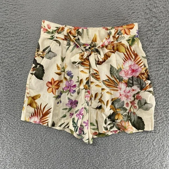 C&C California Shorts Womens 4 Linen Tie‎ Waist Floral High Rise Summer Flower