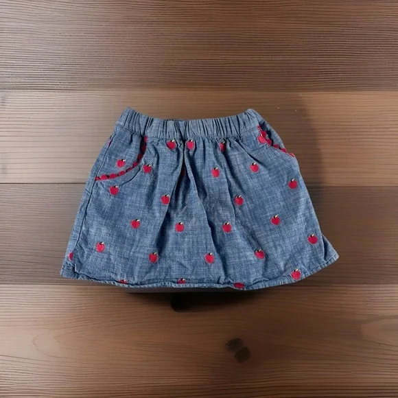 Gymboree Girls Skirt Size 6 Blue‎ Denim Embroidered Apples Pockets Cotton