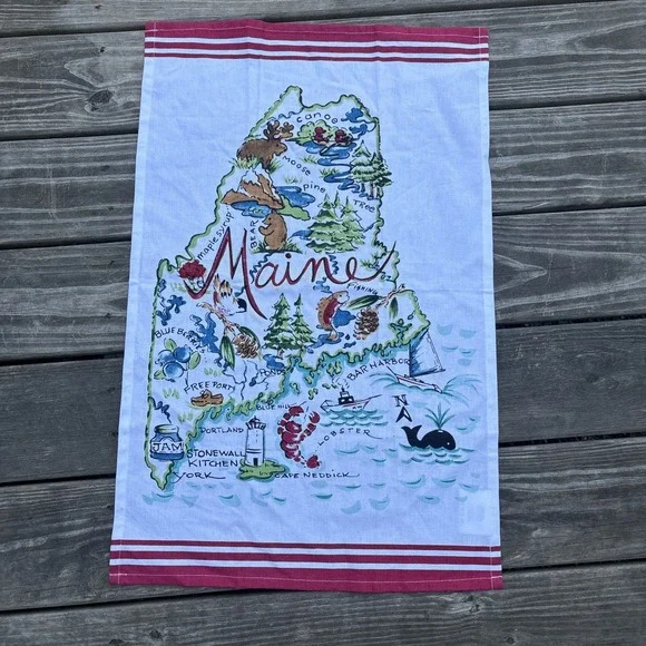 Stonewall Kitchen Tea Towel Maine Map Red Stripes cotton 18
