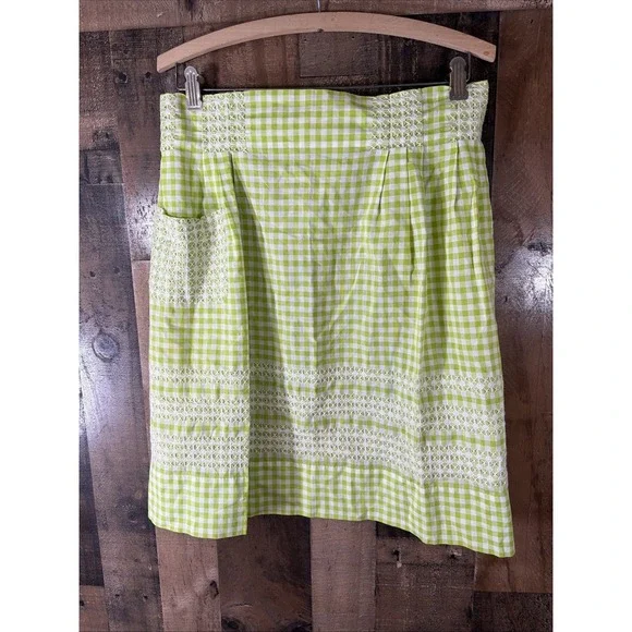 Vtg‎ 50s  Gingham Half Apron Green White Chicken Scratch Embroidery Cross Stitch