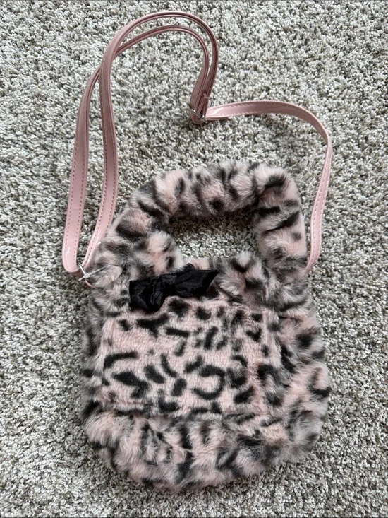 Gymboree Plush Pink Leopard Girls Crossbody Purse with Bow Accent