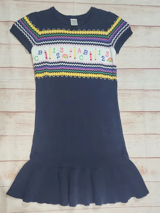 Gymboree Navy Knit Dress with Rainbow & Baxk To School Motif