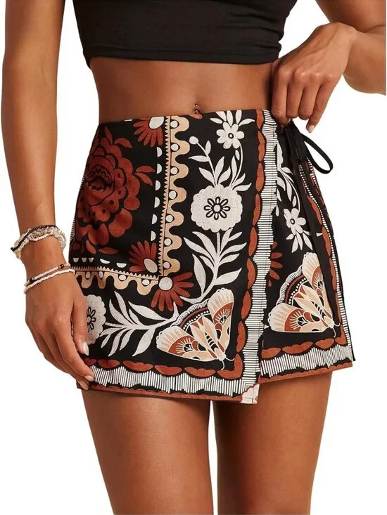 Floral Graphic Skirt Shorts with Drawstring Waist | Tropical Boho Wrap Skorts